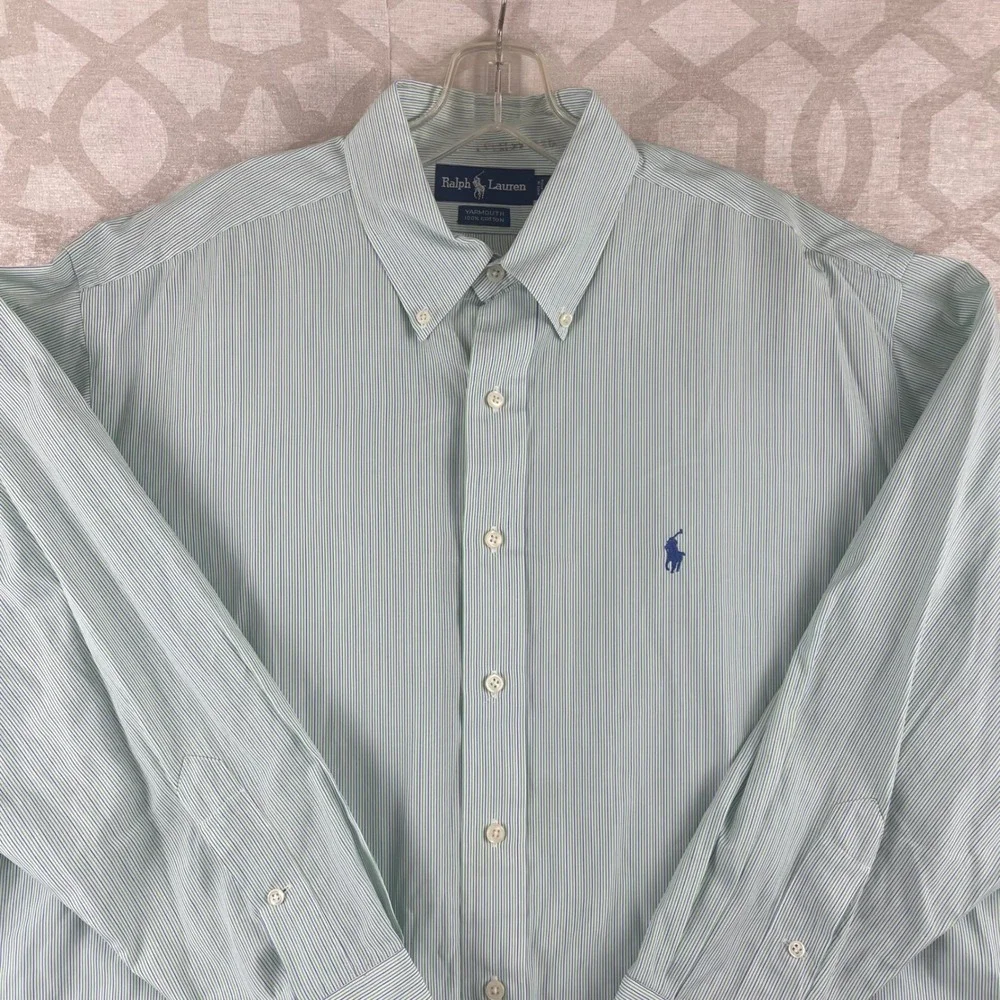 Ralph Lauren Yarmouth Mens 17 32/33 Green Purple Pinstripe Cotton Dress Shirt